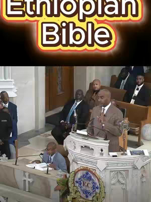 The image shows a man speaking at a podium in front of an audience. The words 'Ethiopian Bible' are overlaid at the top. The pastor is the focal point, speaking from a podium in a church setting. Other people are visible seated behind him, adding context to the scene.