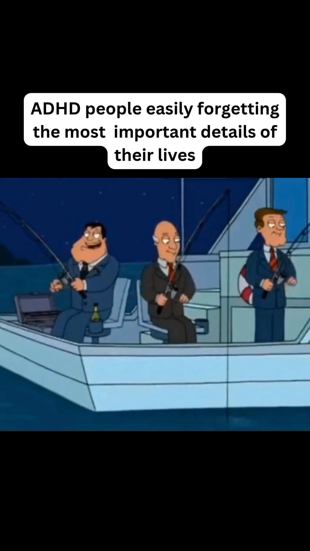 The cover image is a horizontal still from the animated TV show, American Dad! It is set at night with a dark blue sky and a faint hint of stars. Three male characters are in a boat, each holding a fishing rod. The boat is white, and the characters are dressed in suits. The image is framed with a black border. An overlay has white lettering indicating the video topic.