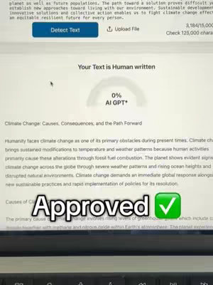 The cover image shows a laptop screen displaying text and a progress bar indicating zero percent AI-generated content. The words "Approved" with a green checkmark are overlaid at the bottom. The background includes a keyboard and the top part of the laptop, along with some surrounding text related to climate change issues.