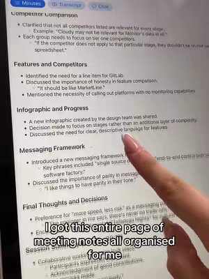 The cover image shows a person's hand with long nails pointing at a document on a digital tablet. The notes are organized with headings and bullet points. A text overlay says 'I got this entire page of meeting notes all organized for me'.