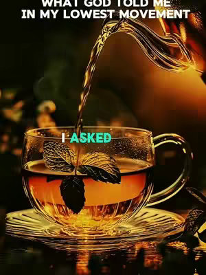 A photograph with a warm, inviting aesthetic. A transparent glass teacup sits on a golden saucer, filled with amber liquid that appears to be tea. The cup is positioned centrally, with a fresh mint leaf inside. A stream of liquid, likely from a teapot not fully visible, is pouring into the cup. The background is softly blurred with autumnal colors. Two lines of text are overlaid at the top and center, against the rich background.