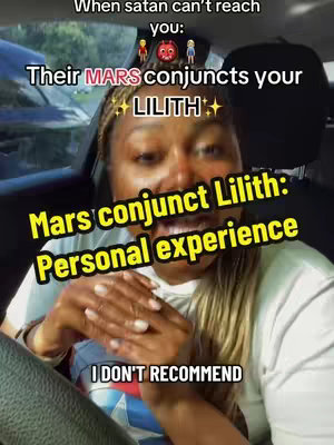 The image shows a woman in a car. Text overlays are visible, forming the core of the content, which discusses astrological concepts like Mars and Lilith. The woman herself appears to be speaking directly to the camera, seated in a car as the background.