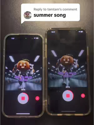 The image shows two smartphones side-by-side, each displaying a video with the same content: a digital animation of a character that looks like a robot or a pumpkin, which appears to be the video's subject, set against a scrolling background of abstract lines and light. On the top, there is a comment bubble and a profile photo over the phones, displaying "Reply to tamtam's comment". Below that, it reads "summer song". Each phone also has on-screen graphics indicating a play time of "00:16", with red recording buttons and a right arrow
