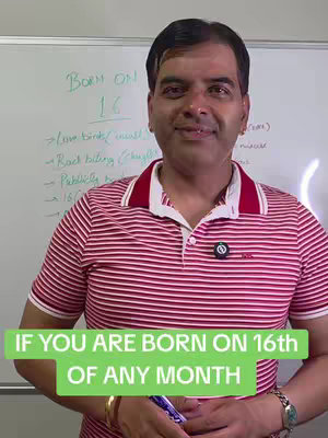 A man in a red and white striped collared shirt stands smiling in front of a whiteboard. Green overlay text at the bottom says 'IF YOU ARE BORN ON 16th OF ANY MONTH'.