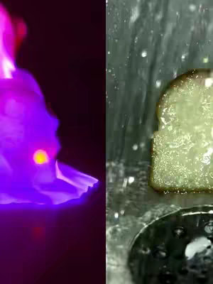 The cover image is split vertically, with the left side showing a blurred, purple-toned abstract shape that might be a figure or object. The right side features a close-up view of a slice of bread being rinsed under running water, with water droplets and a dark background visible.