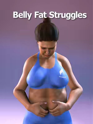 A 3D rendered image of a woman touching her belly area. The model is wearing a blue sports bra and matching shorts. Text overlayed reads "Belly Fat Struggles". The background is a gradient of purples and blues.