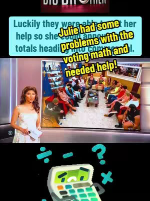 The cover image shows scenes from the Big Brother reality TV show. In the upper portion, text overlays are added, and below, the host of the show, Julie Chen Moonves, is captured mid-scene next to a screen displaying houseguests. Decorative calculator graphic at the bottom.