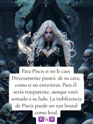 A digitally created image with a dark, gothic aesthetic. A central figure is depicted with pale skin, long white hair, and dark attire, likely a black dress. The background features a shadowy figure, skulls, and a misty environment, suggesting a fantasy or horror theme. Text overlays describe astrological traits associated with the Pisces zodiac sign, along with the Pisces symbol.