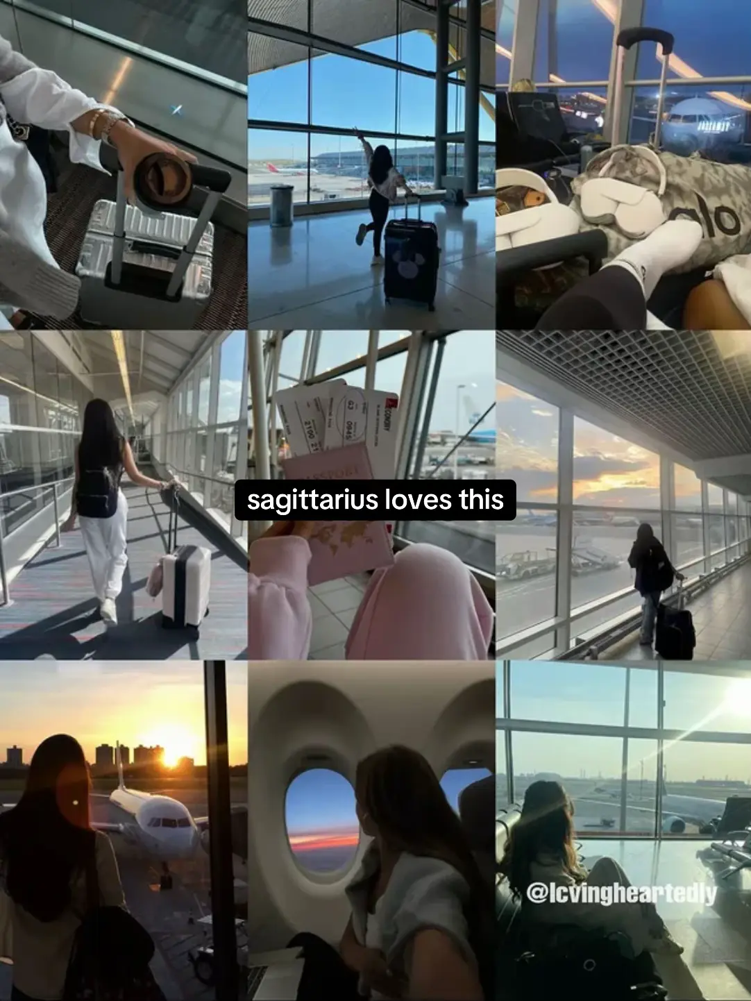 A grid of nine photos, displaying different scenes related to travel. The images show various aspects of airport and airplane travel, including a person walking with luggage, boarding passes, and views from an airplane window. The overall composition is bright and suggests a travel theme.