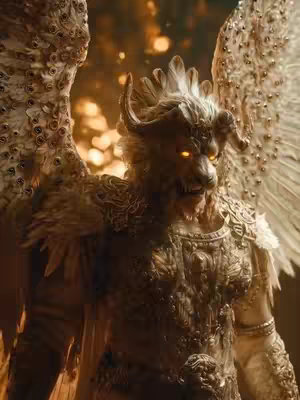 A fantastical image of a lion-headed angel with large feathered wings. The angel is covered in intricate golden armor. The background is a warm light.