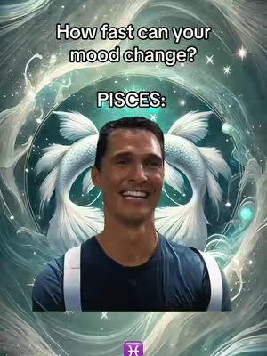 The image shows Matthew McConaughey's face superimposed over an abstract background with two stylized fish. Text overlays the image, posing a question about mood changes and then identifying the zodiac sign Pisces.