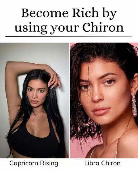 The cover image is a split, with a clean white background. On the top, centered, is the text 'Become Rich by using your Chiron' in a bold, black font. Below this, the image shows two side-by-side photographs of the same woman, presumably the creator. The left image features the creator in a black crop top, with an arm raised, and the text 'Capricorn Rising' underneath. The right image features the same woman, slightly closer, with the text 'Libra Chiron' beneath. The overall composition is clean and straightforward, using white space to separate the text, and emphasizing the creator's face.
