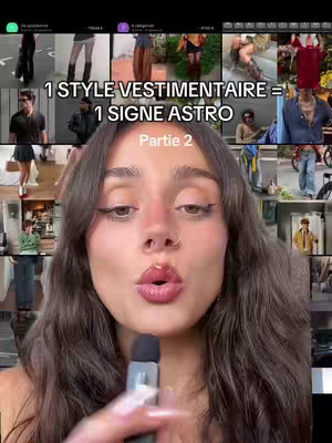 A selfie-style video with a woman close to the camera. The background shows a grid of various fashion images. The woman is speaking into a microphone. Text overlays the image, and her expression is animated.
