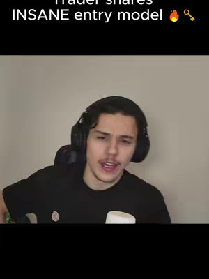 The cover image shows a man in a black shirt and headphones, speaking. Text at the top reads 'Trader shares INSANE entry model' with a fire and key emoji.