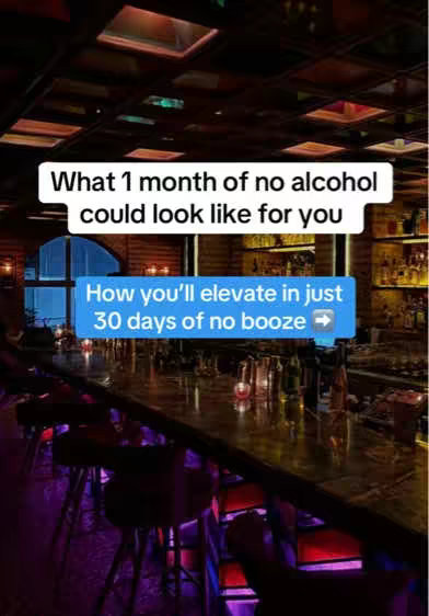 The image shows the interior of a bar with a long, polished bar counter in the foreground and a blurred background of shelves stocked with bottles and glasses. There are text overlays in white and blue rectangles that provide content.