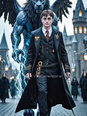 The image is a fantasy-themed illustration, with a central figure, resembling Harry Potter, in a long black coat and suit with magical accessories. The background is a European castle and a large blue creature. The lighting is dramatic.