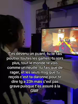 A person wearing a headset is sitting in front of a monitor, playing a game. Text overlays the image.