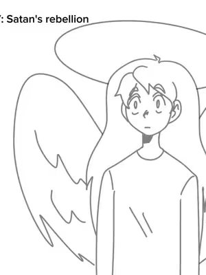 A black and white cartoon image of a young person with long hair, large wings, and wearing a plain top. The person has an expression of concern. Above them is a speech bubble and the words 'Satan's Rebellion' are in the top left.