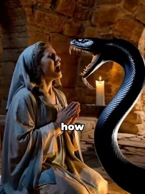 A digitally created image features a woman in historical or biblical garb, kneeling with hands clasped in prayer. A large, stylized, black serpent with an open mouth and prominent fangs is positioned prominently on the right side of the image, appearing to face the woman. A candle is lit in the background. The image has a faded and possibly aged look with a somewhat blurred quality.
