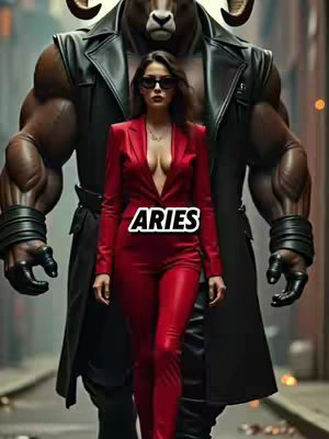 The cover image features a woman in a red suit against a blurred cityscape background. Behind her stands a large humanoid figure with bull horns, resembling a minotaur in a black trench coat. Overlay text in white block letters reads 'ARIES'.