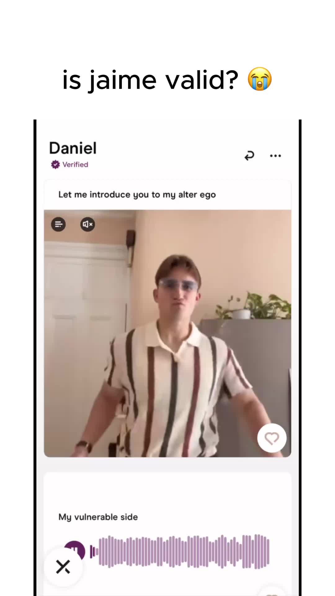 The image displays an interface from a dating app. The primary subject in is a young man wearing a striped shirt and glasses with a focused expression. The interface features a profile labeled 'Daniel' with a heart icon, and various interactive elements, suggesting app functionality.