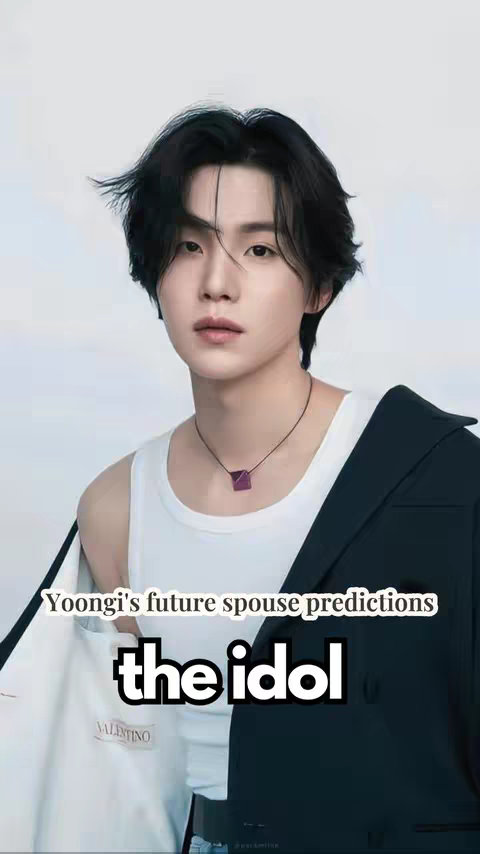 A young man with black hair and a pendant stares directly at the camera. The image has text overlays; the idol, and above it, his future spouse predictions.