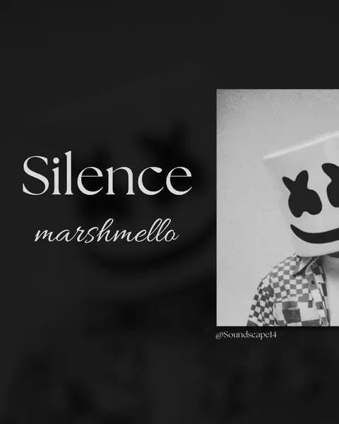 A black and white image with text overlay and a partial image of Marshmello. The text "Silence" is in a large, elegant white font at the top left and "marshmello" is written beneath it in a smaller, cursive font. The right side has a partially visible image of an individual in a Marshmello helmet and a checked shirt. The background is a dark, gradient black.