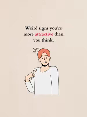The image features a cartoon illustration on a beige background. The text overlay reads, "Weird signs you're more attractive than you think," with the word "attractive" highlighted in red. Below the text, a cartoon figure of a person with short red hair, a white shirt, and light skin is depicted pointing to their shoulder with a surprised expression.