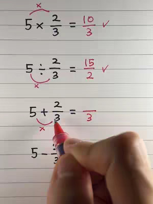 The image shows a hand writing math problems on lined paper. The problems involve fractions, multiplication, division, addition, and subtraction. The layout is clean, with the equations clearly written and highlighted with red markings.
