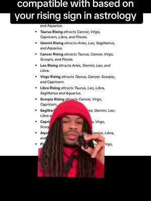 The image shows a man with dreadlocks wearing a red hoodie. He is holding a small, dark object near his face while looking at the camera. The background features a list of astrological signs and their compatibility.