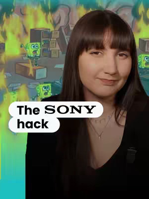A woman with dark hair and a black top is the focal point of the image, set against a backdrop of a cartoonish scene of destruction featuring a cityscape and flaming buildings. Behind the woman's upper body, there are cartoon characters from the show, Spongebob, in the burning buildings. The overlaying text, shaped like a pill, informs the viewer of the key message of the video.