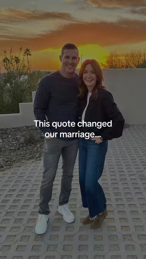 A couple standing in front of a scenic sunset background, with text overlaid on the image.
