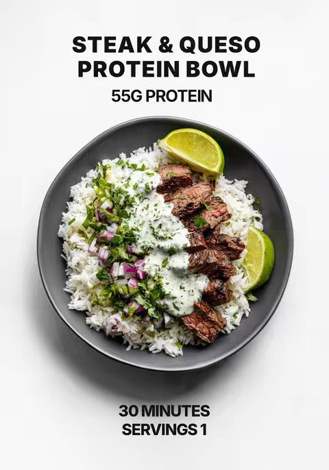 A top-down view of a dark gray bowl filled with white rice, topped with sliced steak, a creamy white sauce, chopped green herbs, and red onions. Two lime wedges are placed on either side of the bowl. The background is plain white.