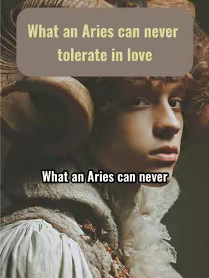 The cover image features a digitally altered portrait of a person. The main subject appears to be male, but could be of any gender, with pale skin. They have detailed, stylized features, including a prominent nose, full lips, and an intense gaze. The person is styled in ornate, almost Renaissance-era clothing. A curved ram's horn extends from the person's head. Overlaying the image are two text boxes, one at the top saying "What an Aries can never tolerate in love" in a light-colored, bold font, and on the bottom "What an Aries can never..." in a white, bold font.