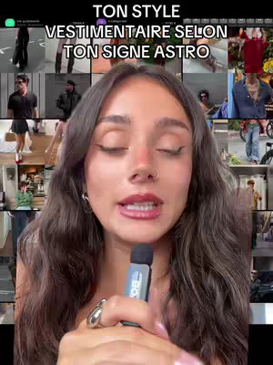The cover image features a woman with long, wavy brown hair and fair skin, centered in the frame. She is holding a microphone close to her mouth. The background is a collage of various fashion-related images, including people wearing different outfits in urban settings. The overall color scheme is neutral, with pops of color from the clothing in the background images. The layout is a close-up shot of the woman with the collage serving as a blurred backdrop.