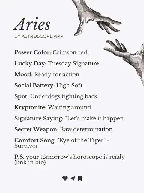 The cover image displays a minimalistic design featuring the name of the astrological sign, Aries, in a stylized font, accompanied by a graphic of hands reaching out, drawn in a detailed, grayscale illustration, with informational text about Aries on a neutral background.