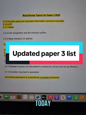 The cover image shows a laptop screen displaying a list of revision topics for A-Level Biology Paper 3, with added text overlays. The screen displays a list of topics, highlighted sections in yellow, and the text "Updated paper 3 list" in a colored bar. The 'Today' text is at the bottom, near the laptop's trackpad area.