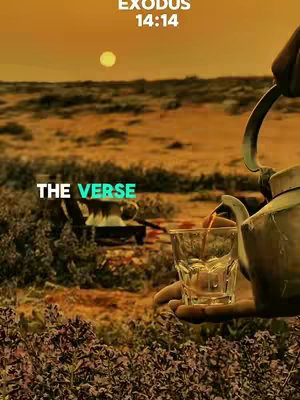 The image is a serene, golden-hued landscape dominated by a desert-like terrain under a sunset sky with a bright sun. In the foreground, a hand holds a glass, with a teapot pouring liquid into the glass. There is text overlay on top saying "Exodus 14:14" and "THE VERSE".