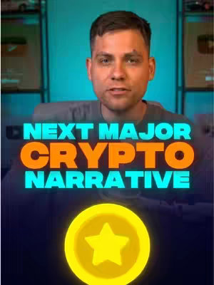 A man with short hair against a blurred background, with large text overlays of "NEXT MAJOR CRYPTO NARRATIVE" in orange and teal fonts and a gold coin with a star. The man is centered in the frame, looking towards the viewer with a serious expression and is set against the backdrop of a wall with some shelves and what appears to be some type of equipment behind him, with a teal color.
