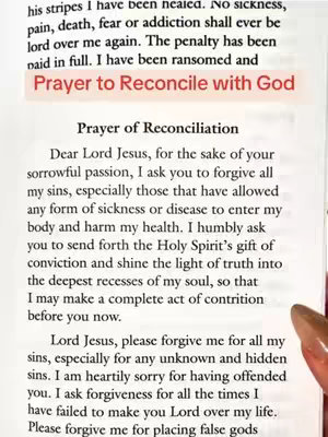 The cover image features a close-up of an open book. The top part of the book is a highlighted text in red, 'Prayer to Reconcile with God'. Below it, there is a 'Prayer of Reconciliation' with detailed instructions. The image is from the point of view with a woman's hand with a manicure at the bottom-right corner holding the pages.