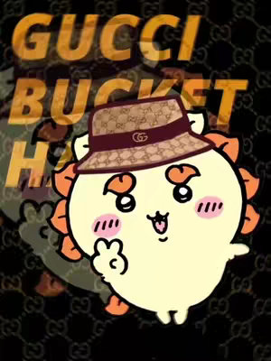 An animated character wearing a Gucci bucket hat is featured with the words 'Gucci Bucket Ha' overlaid, against a background of the Gucci logo.