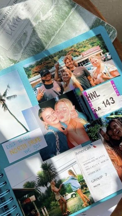 The image is a scrapbook style layout. It features multiple photos and documents, arranged on a light blue page. There's a mix of snapshots of people and travel-related documents, such as plane tickets. The layout is slightly angled, giving a casual and personal feel.