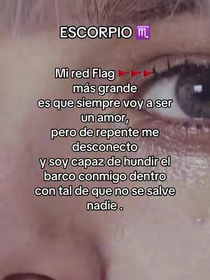 The image is a close-up of a person's eye and surrounding skin. Overlaid text describes a red flag trait related to the Scorpio zodiac sign.