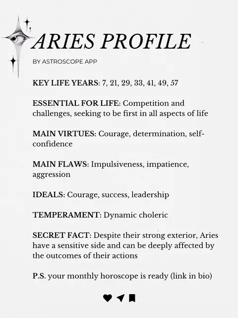 A white background with stylized text in black. The top reads 'ARIES PROFILE' in a bold, sans-serif font. Below, in a smaller font, it says 'BY ASTROSCOPE APP'. The text below that lists 'KEY LIFE YEARS: ...' followed by bullet-point descriptions of Aries' traits, flaws, and ideals. To the left is an eye symbol. At the end of the document there is a P.S. with a callout to a link in bio.