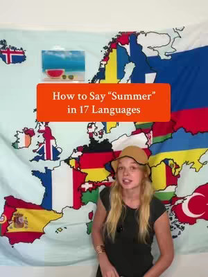A woman stands in front of a world map made to look like a flag. An orange rectangle overlay displays text. The woman is blonde, wearing a hat and a black shirt. A painting of a beach scene with a watermelon and sunglasses is displayed on the map.