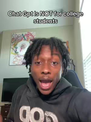 The cover image features a young Black man in a black hoodie, facing the camera with his mouth open in a speaking expression. Above him, overlaid text states 'Chat Gpt Is NOT for college students'. The background is a room with a painting and a television.