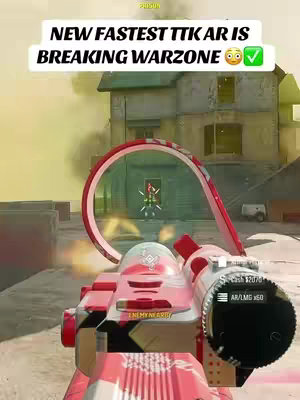 The image displays a first-person perspective from a video game, likely Call of Duty: Warzone. A gun's scope, colored in red and white camo, dominates the foreground. The game's environment is visible through the scope, with an enemy player in the crosshairs. Text overlays at the top highlight the video's theme of a new broken or overpowered weapon.