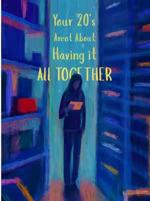 An artistic illustration depicts a person standing in a blue-toned space, possibly a corridor or room with shelves. Text overlays in the image add to the overall message.