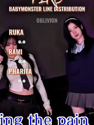 The cover image features a group of young women, presumably the members of BABYMONSTER, posed in a dark, stylish setting. The layout is divided, with two figures on the left appearing more dynamic and active, clad in school-like attire. The woman on the right stands slightly apart. Text overlays identify each person alongside '0.0,' likely representing the line distribution in a musical performance. The overall composition is suggestive of a music video, with the overlaid text providing context.