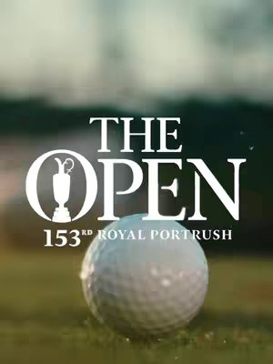 The cover image features a golf ball in sharp focus, positioned on a green field. Above, the words "THE OPEN" are prominently displayed in a white, bold font, with a stylized emblem below the words. Underneath, the text reads "153RD ROYAL PORTRUSH". The background is blurred with a mix of greens and whites, evoking a sense of the outdoors and a golf course.